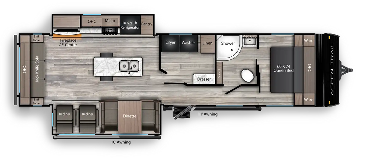 Plan de plancher de la Dutchmen Aspen Trail 3410RLL 2026 montrant le salon arrière, l’îlot de cuisine, la salle de bain et la chambre avant.