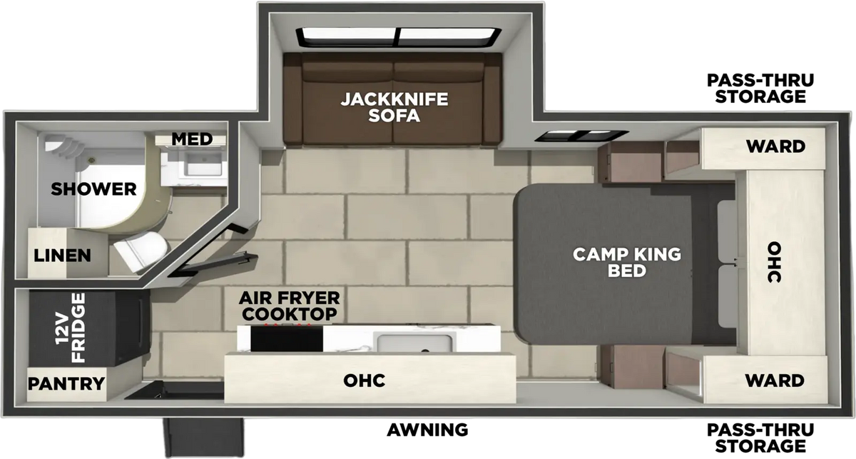 Plan intérieur de la roulotte 2027 Forest River Tracer 185JH avec lit king, divan dans l’extension et salle de bain.