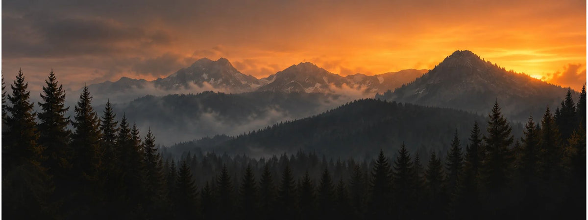Montagnes et forêt au coucher du soleil