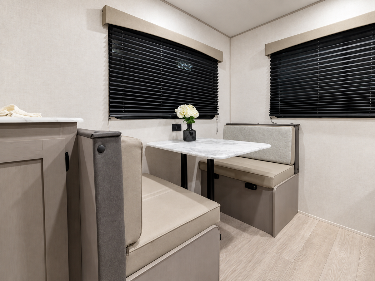 Dinette de la Viking 242MK 2027 avec deux banquettes, une table et des fenêtres à stores.