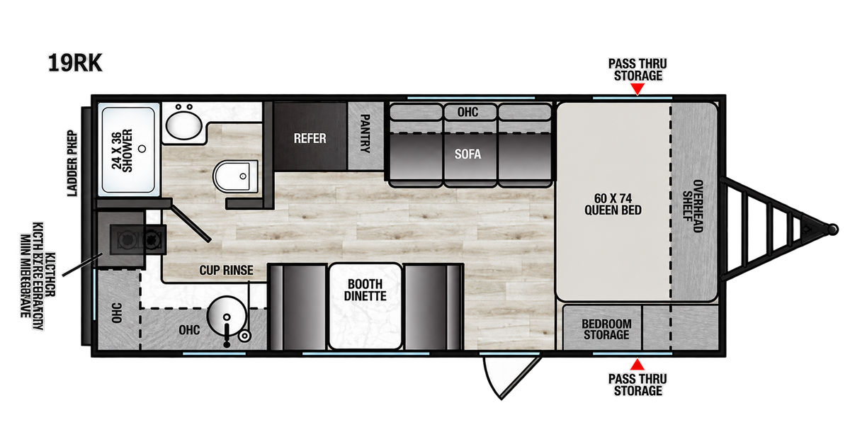 Plan intérieur de la roulotte 2027 Forest River Viking 19RK avec lit queen, cuisine arrière, dinette et salle de bain.