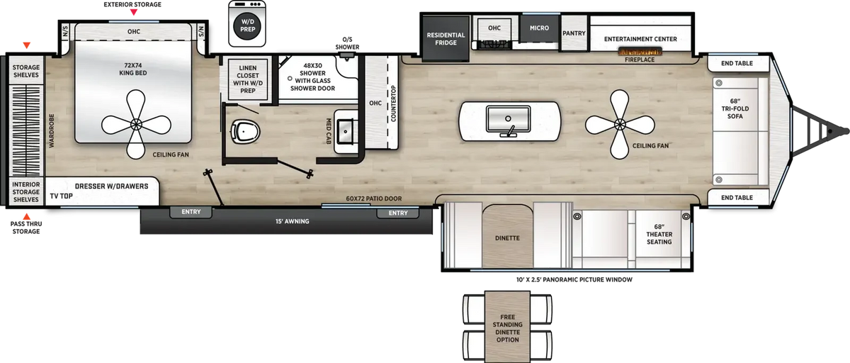 Plan de plancher de la Forest River Viking Destination 391MKTS 2027 avec trois extensions, chambre arrière avec lit king, cuisine avec îlot et salon avant avec foyer.