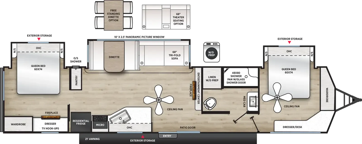 Plan de plancher de la Forest River Viking Destination 401BHTS-2Q 2027 avec trois extensions, deux chambres avec lits queen, cuisine centrale, dinette et salon avec foyer.