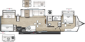 Plan de plancher de la Forest River Viking Destination 401BHTS 2027 avec trois extensions, chambre avant avec lit queen, espace arrière avec lits superposés et cuisine extérieure.