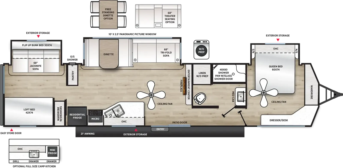 Plan de plancher de la Forest River Viking Destination 401BHTS 2027 avec trois extensions, chambre avant avec lit queen, espace arrière avec lits superposés et cuisine extérieure.