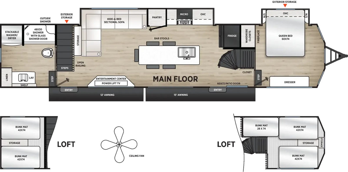 Plan de plancher de la Forest River Viking Destination 2027 421DST avec deux extensions, chambre avant, deux mezzanines, cuisine avec îlot et salle de bain arrière.