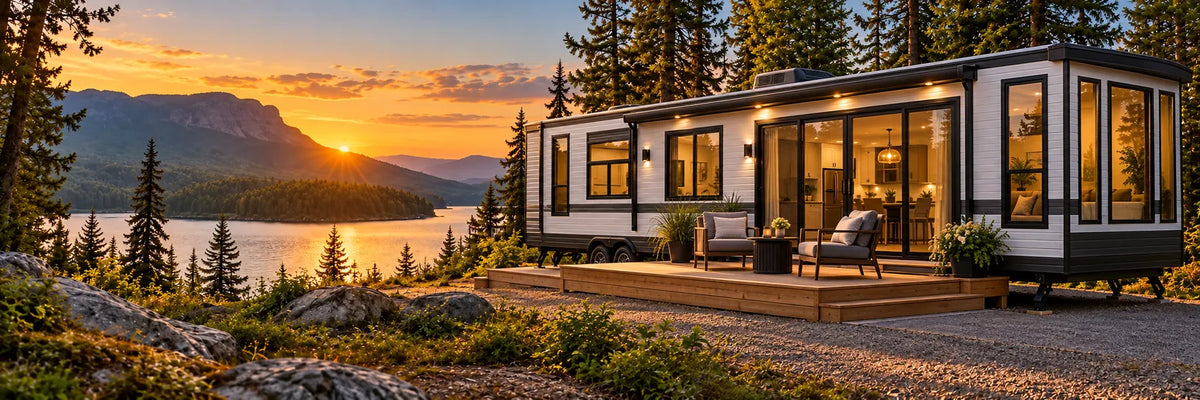 Roulotte de parc avec grandes fenêtres et terrasse en bois dans un camping boisé au bord d’un lac au coucher du soleil.