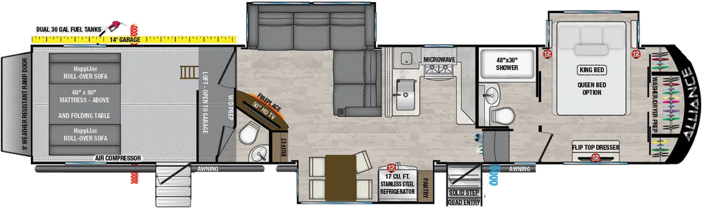 Plan de la Alliance Valor 44V14 2024 avec garage arrière de 14 pieds, trois extensions et chambre à l’avant.