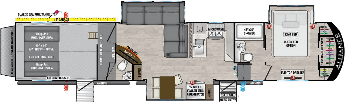 Plan de la Alliance Valor 44V14 2024 avec garage arrière de 14 pieds, trois extensions et chambre à l’avant.