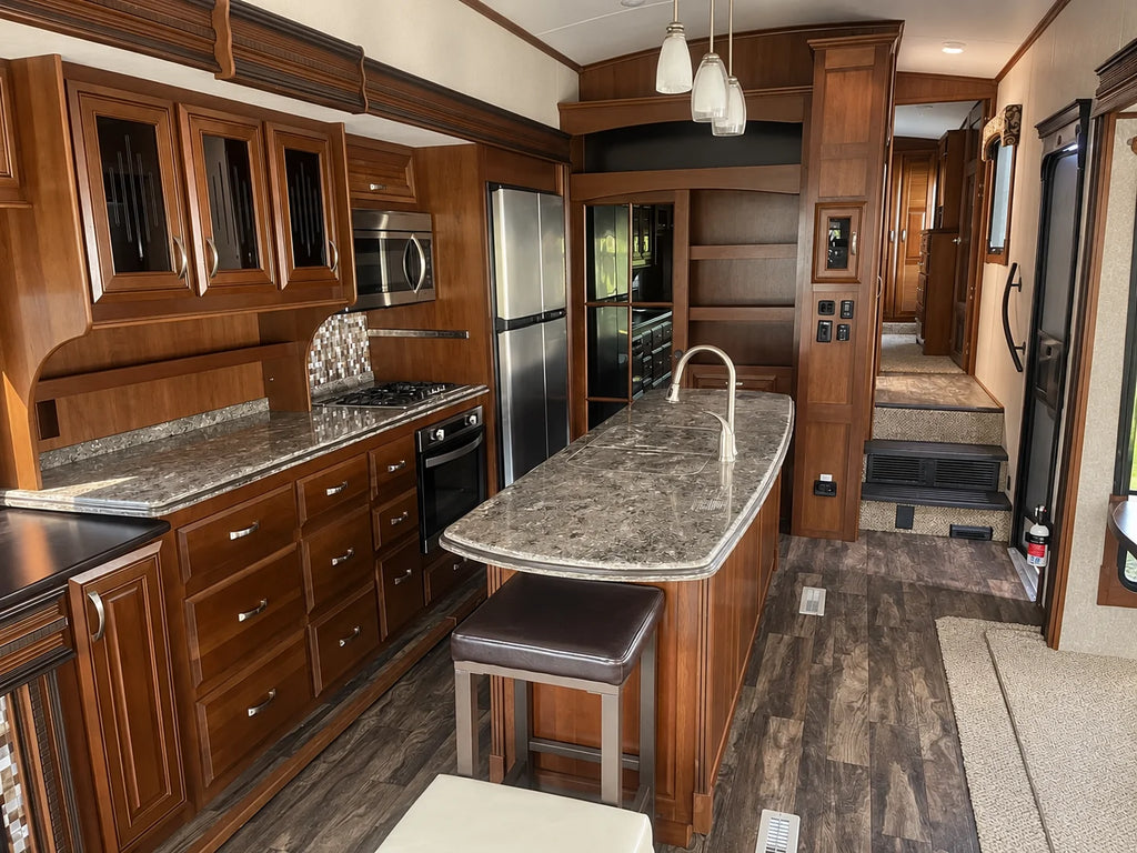 Cuisine de la Jayco Pinnacle 36KPTS 2017 avec îlot central, évier, tabouret, réfrigérateur en inox et armoires en bois, avec vue sur le corridor.