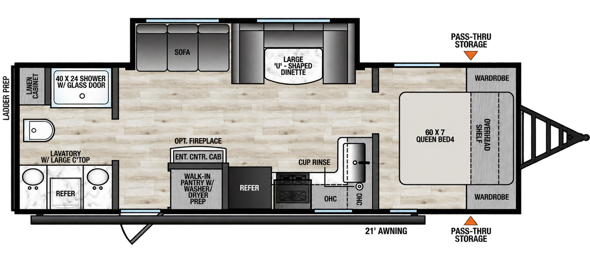 Plan de la roulotte Viking 25RBS 2027 montrant le lit queen avant, la dinette en U, le sofa et la grande salle de bain arrière.