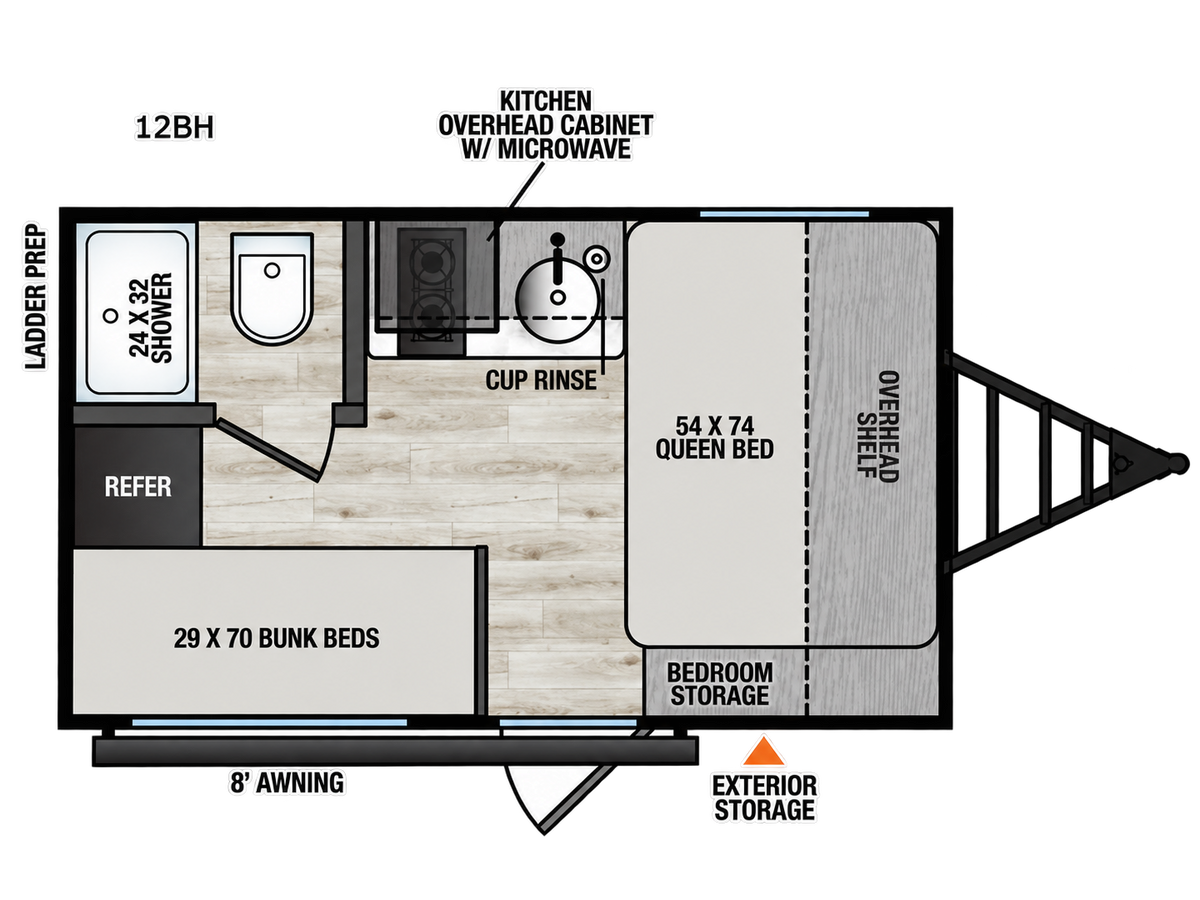 Plan intérieur de la roulotte familiale 2027 Forest River Viking 12BH avec lit avant, lits superposés, cuisine et douche.