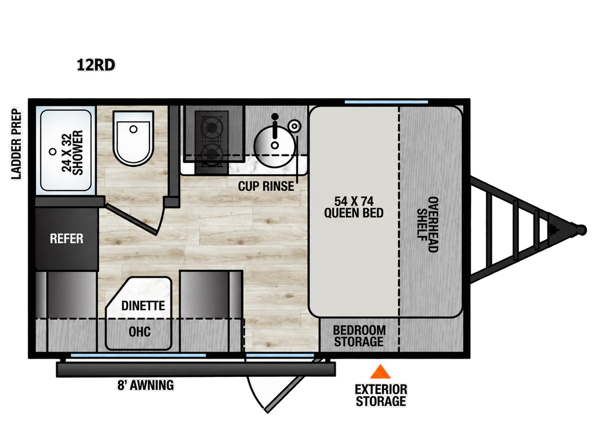 Plan de la roulotte Forest River Viking 3K 12RD 2027 montrant le lit avant, la dinette arrière, la cuisine et la salle de bain.