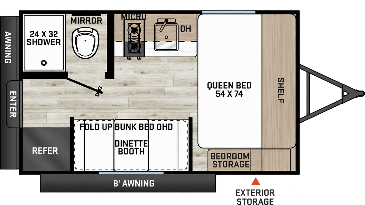 Plan de la Viking 12REX 2027 montrant le lit avant, la dinette avec lit rabattable, la cuisine et la salle de bain.
