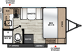 Plan de la Forest River Viking 12RKX 2027 montrant le lit avant de 54 × 74 po, la dinette, la cuisine, le réfrigérateur et la salle de bain.