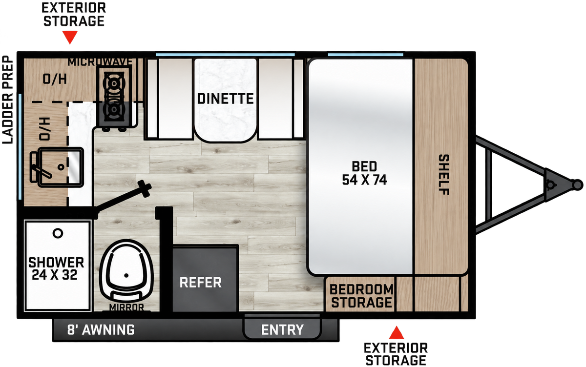 Plan de la Forest River Viking 12RKX 2027 montrant le lit avant de 54 × 74 po, la dinette, la cuisine, le réfrigérateur et la salle de bain.