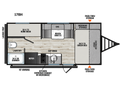 Plan intérieur de la roulotte familiale 2027 Forest River Viking 17BH avec lit avant, lits superposés, dinette, cuisine et salle de bain.