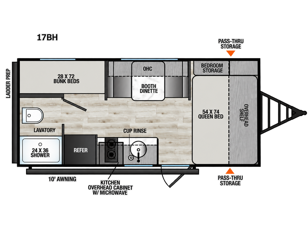 Plan intérieur de la roulotte familiale 2027 Forest River Viking 17BH avec lit avant, lits superposés, dinette, cuisine et salle de bain.