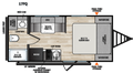 Plan intérieur de la roulotte 2027 Forest River Viking 17FQ avec lit queen à l’avant, dinette, cuisine et salle de bain arrière.