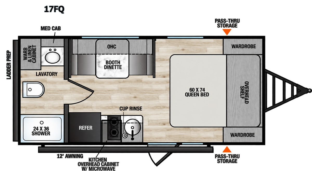 Plan intérieur de la roulotte 2027 Forest River Viking 17FQ avec lit queen à l’avant, dinette, cuisine et salle de bain arrière.
