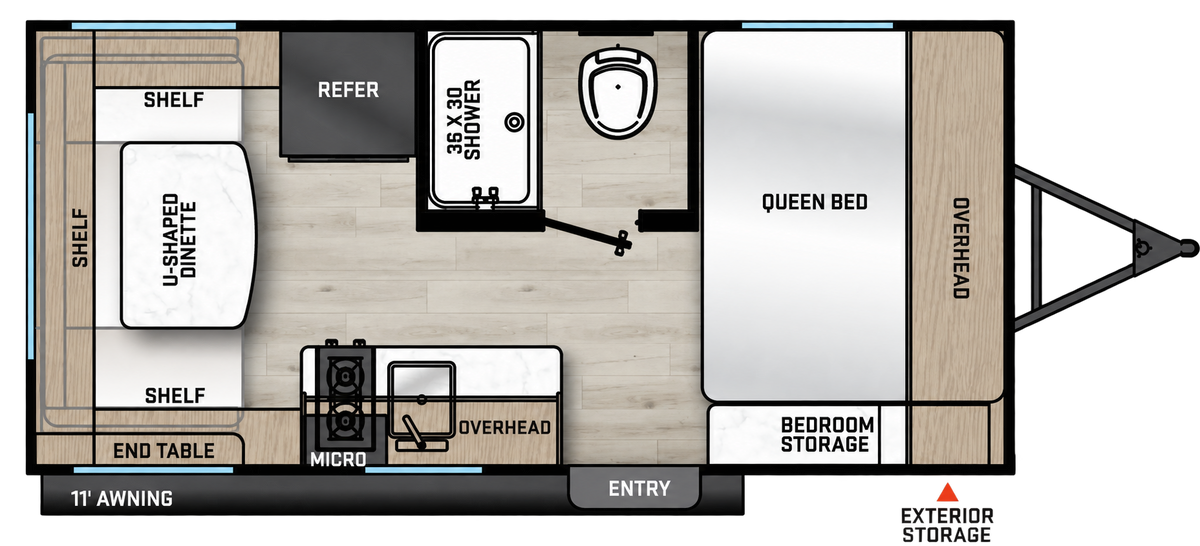 Plan de la Viking 17RD 2027 montrant le lit queen à l’avant, la cuisine, la salle de bain et la dinette en U à l’arrière.