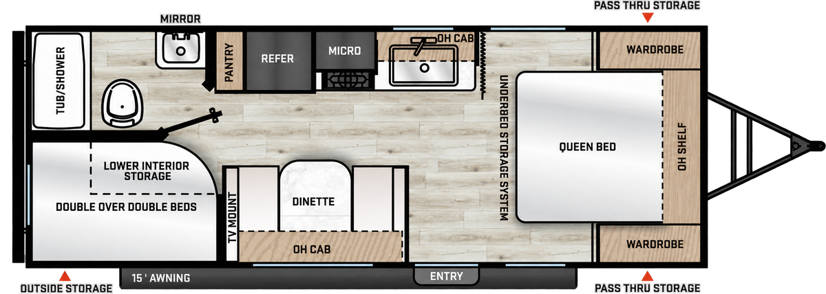 Plan de la Viking 21BH 2027 montrant le lit queen avant, les lits superposés doubles arrière, la dinette, la cuisine et la salle de bain.