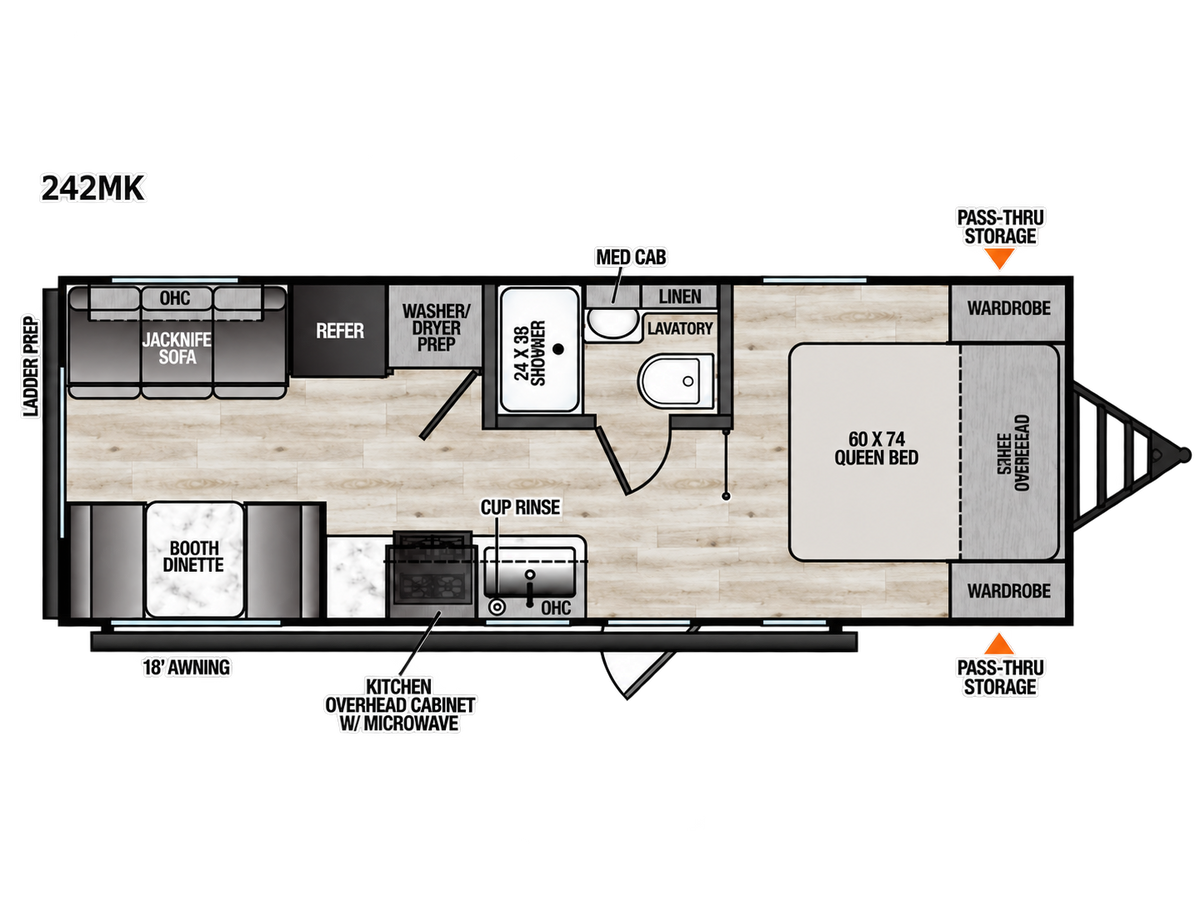 Plan intérieur de la Forest River Viking 242MK 2027 montrant le lit avant, la cuisine, la salle de bain, la dinette et le sofa arrière.
