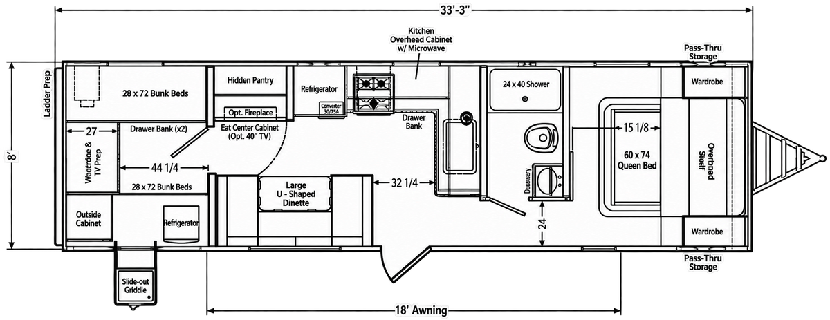 Plan du nouveau Viking 25QBH 2027 avec lits superposés arrière, dinette en U, lit queen avant, salle de bain et cuisine extérieure.