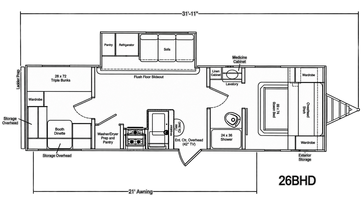 Plan de la Viking 26BHD 2027 montrant les trois lits superposés arrière, la dinette, l’extension avec sofa et le lit queen avant.