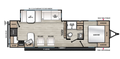 Plan de la Viking 28RKS 2027 montrant la cuisine arrière, deux fauteuils inclinables, l’extension avec dinette et sofa, et le lit queen avant.