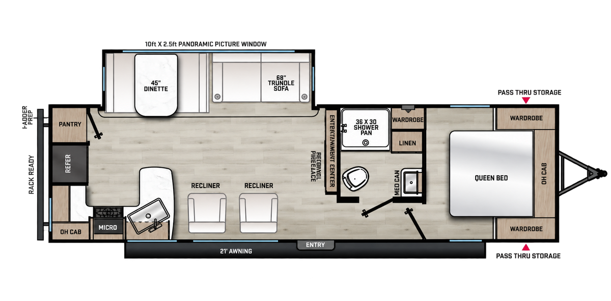 Plan de la Viking 28RKS 2027 montrant la cuisine arrière, deux fauteuils inclinables, l’extension avec dinette et sofa, et le lit queen avant.
