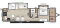 Plan de la Viking 30RKDS 2027 montrant la cuisine arrière, deux fauteuils inclinables, les deux extensions et la chambre avant avec lit queen.