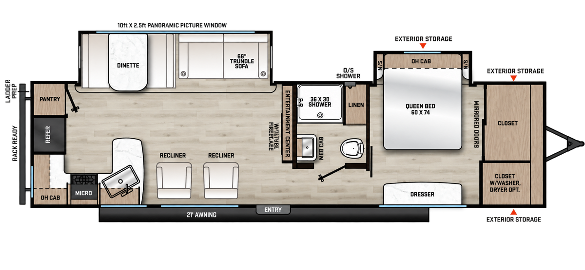 Plan de la Viking 30RKDS 2027 montrant la cuisine arrière, deux fauteuils inclinables, les deux extensions et la chambre avant avec lit queen.