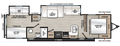 Plan de la Viking 32BHDS 2027 montrant l’espace arrière avec couchette et lit loft, la dinette en U, le sofa et le lit queen avant.