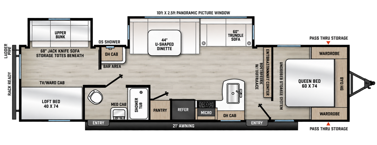 Plan de la Viking 32BHDS 2027 montrant l’espace arrière avec couchette et lit loft, la dinette en U, le sofa et le lit queen avant.