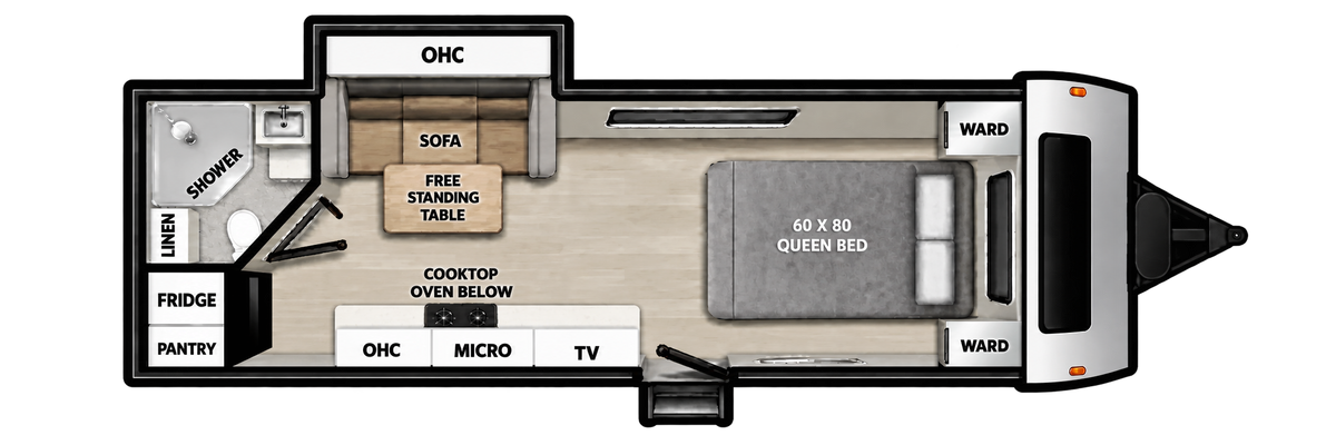 Plan de plancher de la Coachmen American Spirit Founders Edition 19RB 2027 avec lit queen avant, sofa et table indépendante, cuisine et salle de bain arrière.