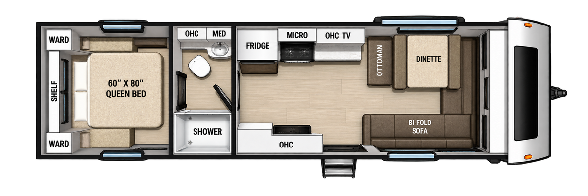 Plan de plancher de la Coachmen American Spirit Founders Edition 249MK 2027 avec chambre queen, salle de bain, dinette avec ottoman et sofa pliant.