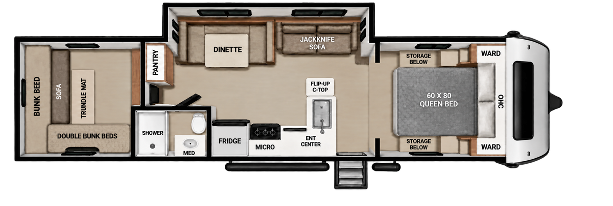 Plan de plancher de la Coachmen American Spirit Founders Edition 30BH 2027 avec lit queen avant, dinette centrale et section arrière à lits superposés en L.