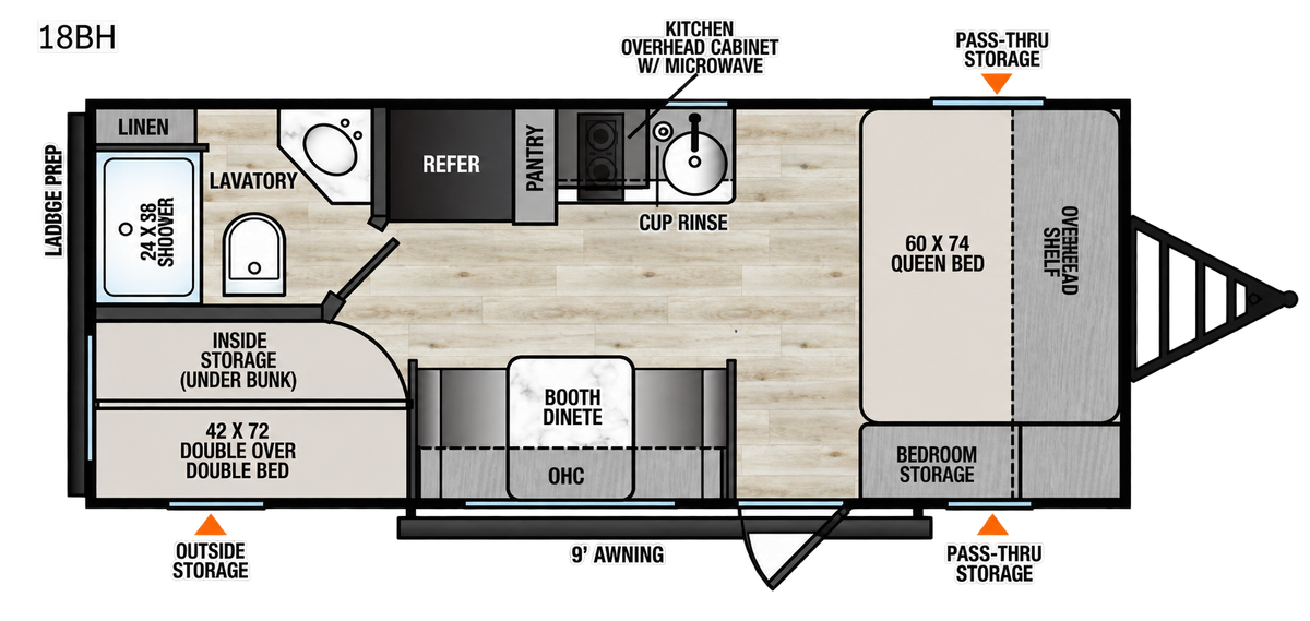 Plan intérieur de la roulotte familiale 2027 Forest River Viking 18BH avec lit queen, lits superposés doubles, dinette et salle de bain.