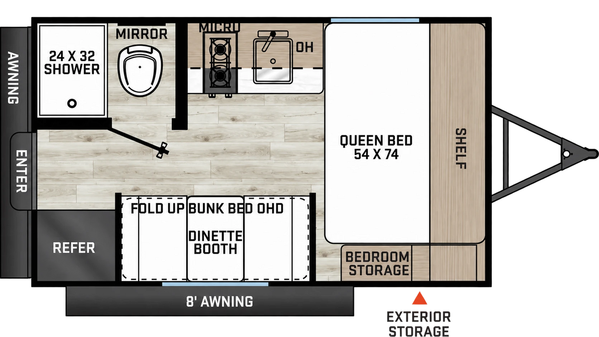 Plan de la Viking 12REX 2027 montrant le lit avant, la dinette avec lit rabattable, la cuisine et la salle de bain.