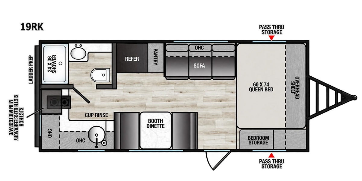 Plan intérieur de la roulotte 2027 Forest River Viking 19RK avec lit queen, cuisine arrière, dinette et salle de bain.