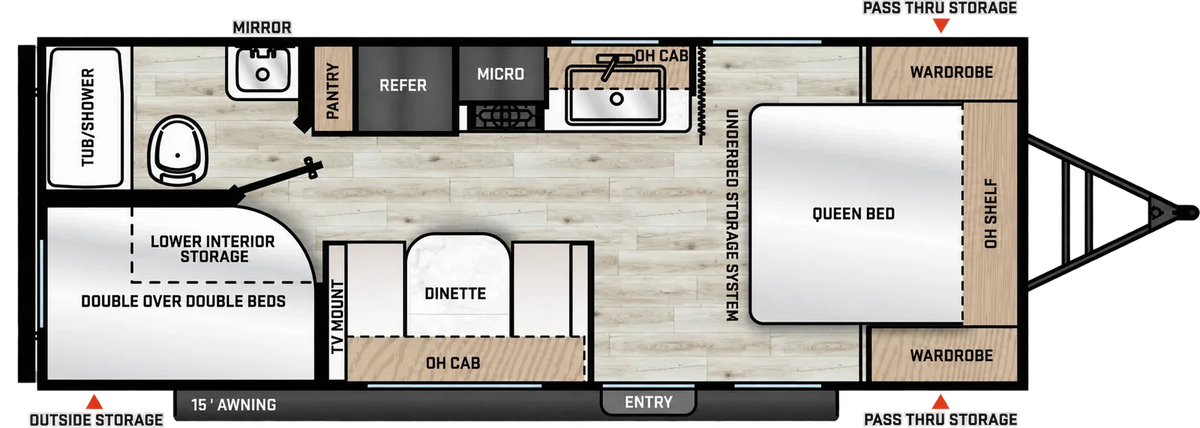 Plan de la Viking 21BH 2027 montrant le lit queen avant, les lits superposés doubles arrière, la dinette, la cuisine et la salle de bain.