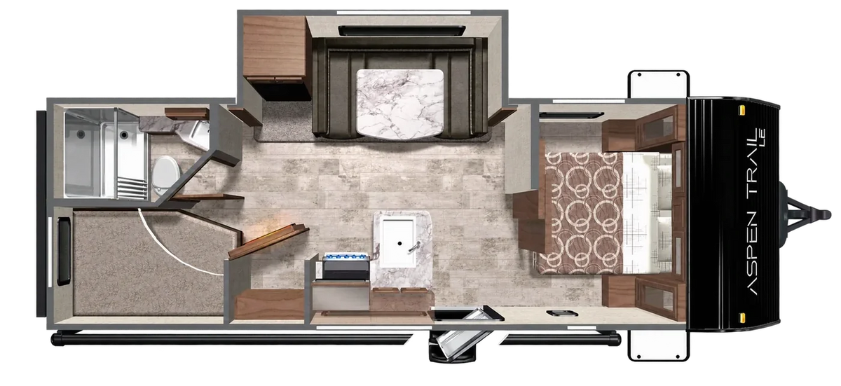 Plan de plancher de la Dutchmen Aspen Trail 23BH 2026 montrant la chambre avant, la dinette, la cuisine et les lits superposés à l’arrière.