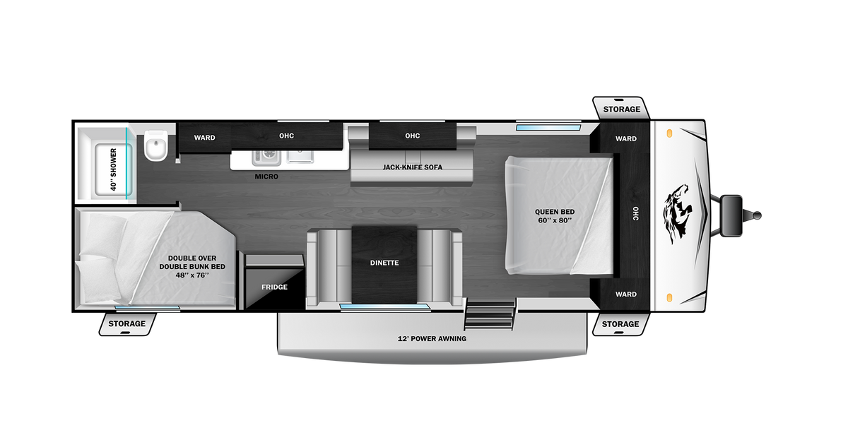 Plan de plancher de la Colt 25BH 2026 montrant le lit queen avant, la dinette, le sofa, les lits superposés et la salle de bain arrière.